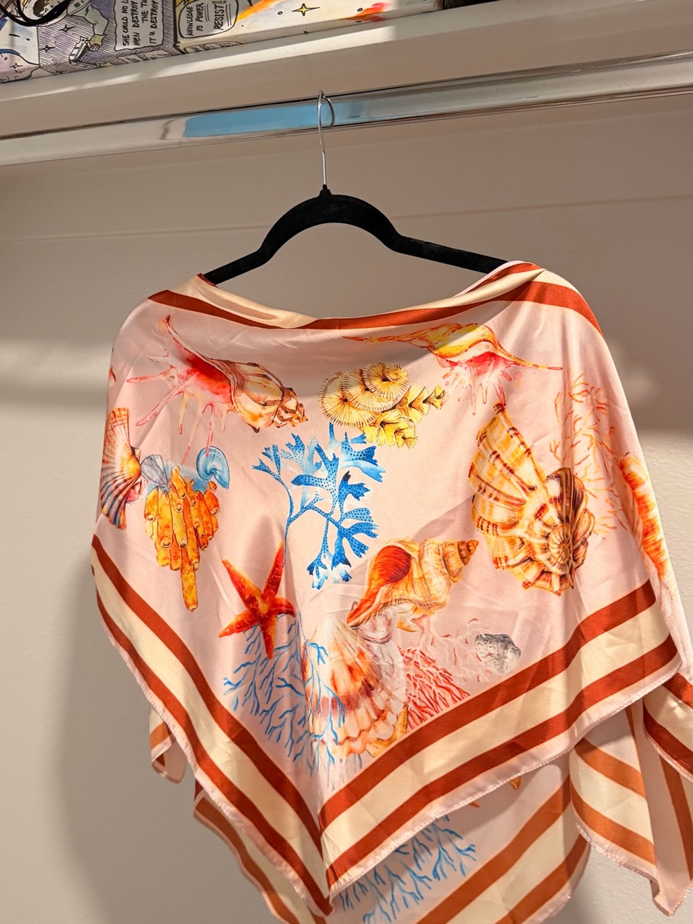 Anthropology Silky Seashell Print Womenโs Scarf Top - Pink/Orange